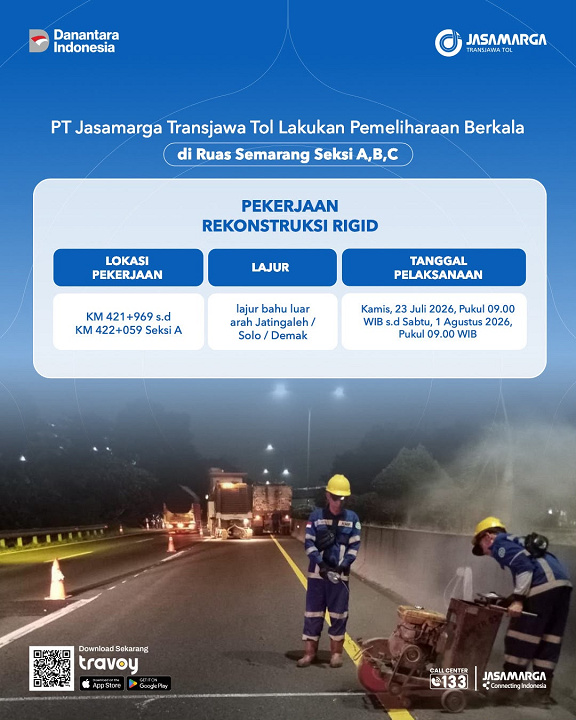 Dukung Kenyamanan Pengguna Jalan, JTT Lakukan Pemeliharaan Ruas Semarang Seksi A,B,C