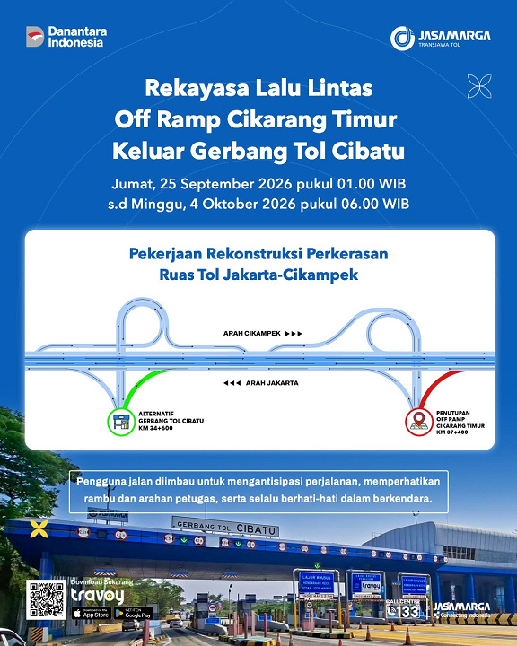 JTT Lakukan Rekayasa Lalu Lintas Off Ramp Cikarang Timur Arah Jakarta, Pengguna Jalan Dialihkan ke GT Cibatu
